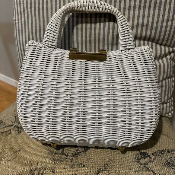 Vintage 1960s Vinyl White Wicker Handbag Purse Top Open - Picture 8 of 12